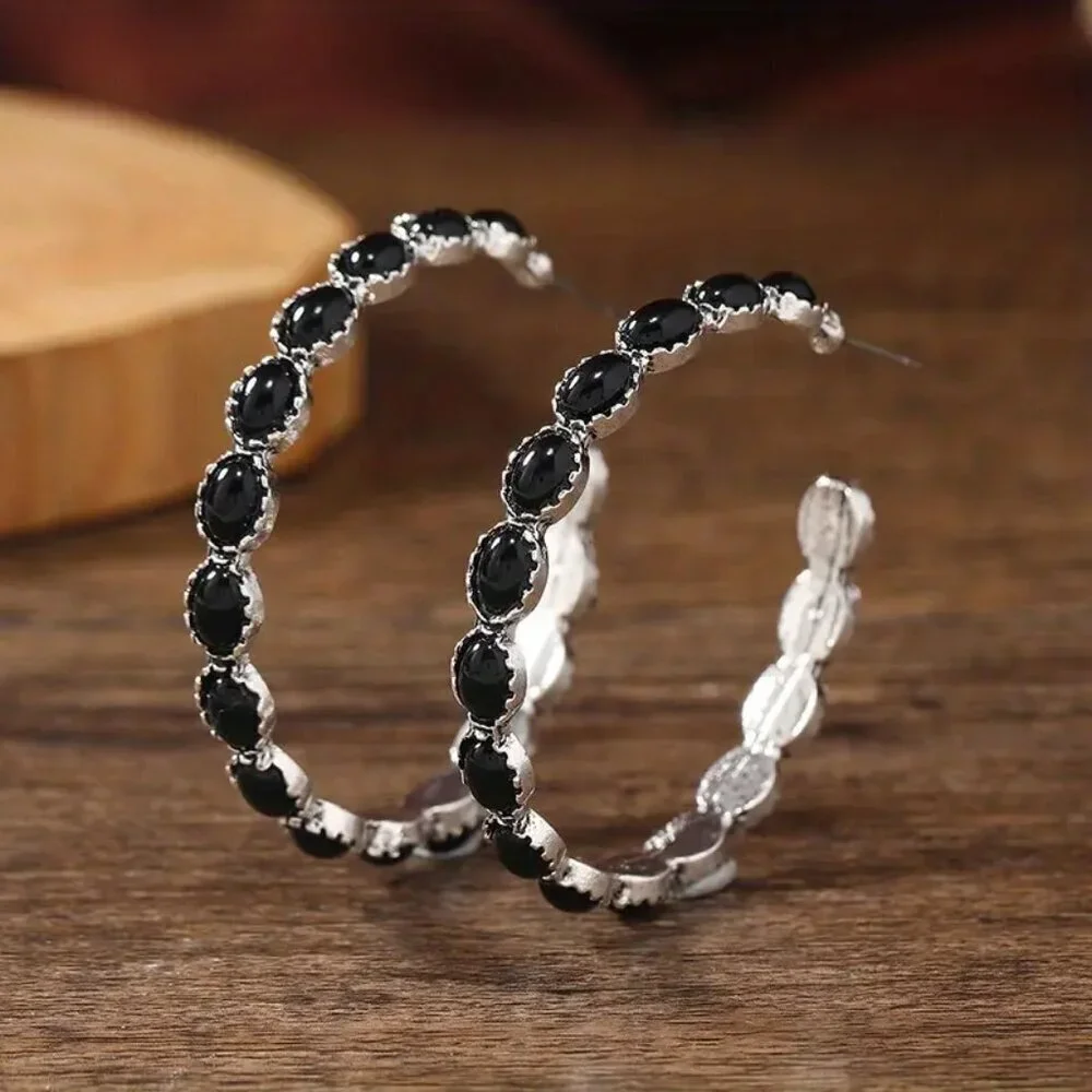 NEW Black hoop earrings, western aesthetic earrings, trendy black retro jewelry